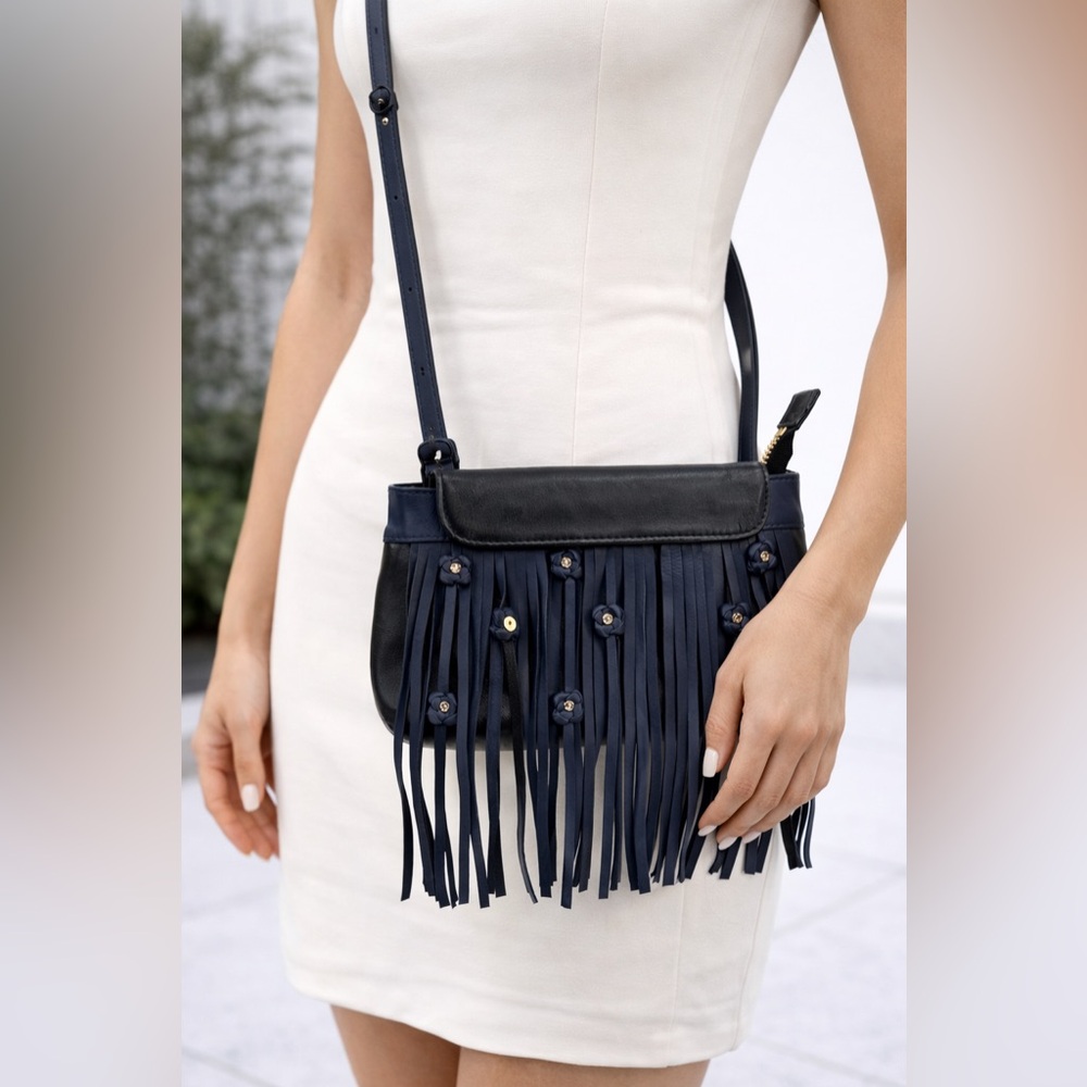 Katherine Kwei NY Small Navy Blue Leather Fringe Crossbody Bag with Floral Stud